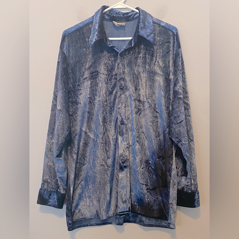 Vintage ELEE Los Angeles Large Disco Blue Velour Crocodile Long Sleeve Button Up